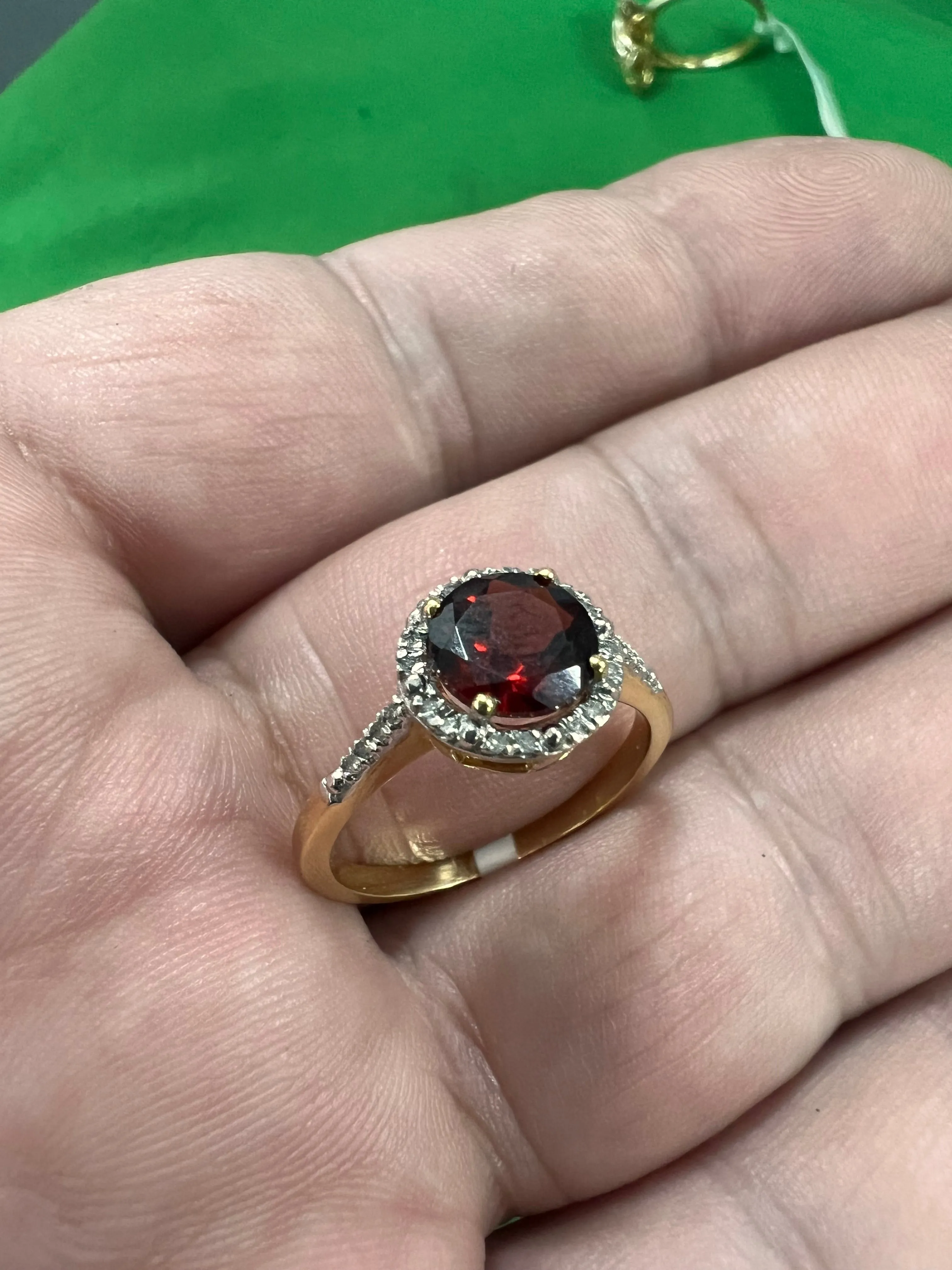 10K yellow gold halo solitary garnet and diamonds ring-25427