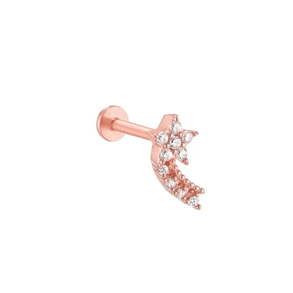 14k Gold Shooting Star Cz Internally Internal Threaded Flat Back Earring Stud Labret Piercing