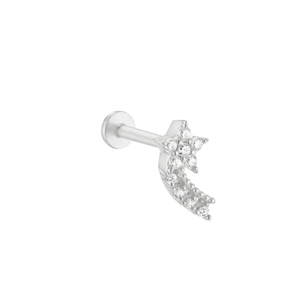 14k Gold Shooting Star Cz Internally Internal Threaded Flat Back Earring Stud Labret Piercing