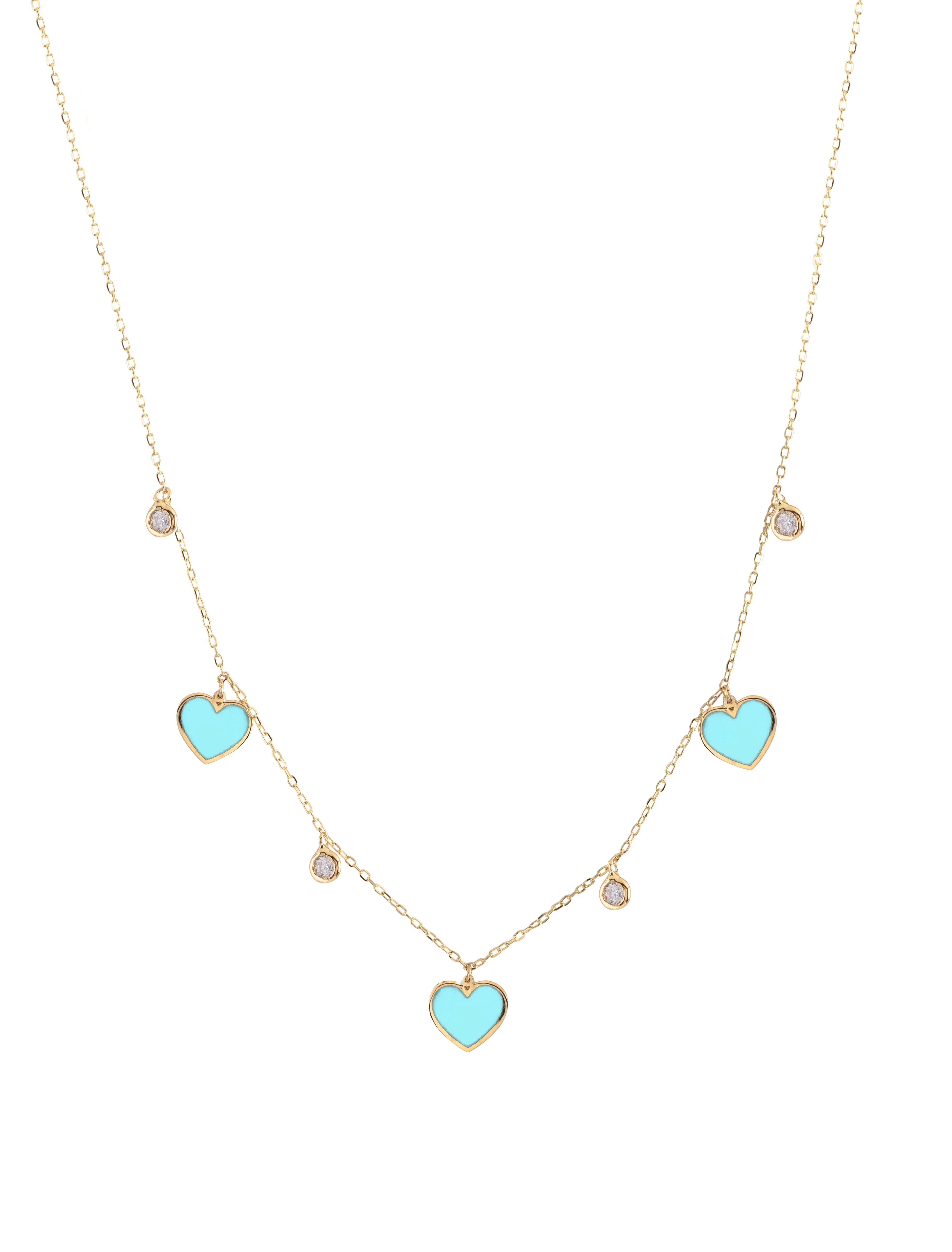 18K Gold Necklace with Enamel Heart Pendant & Bezel-Set Gemstone Accents