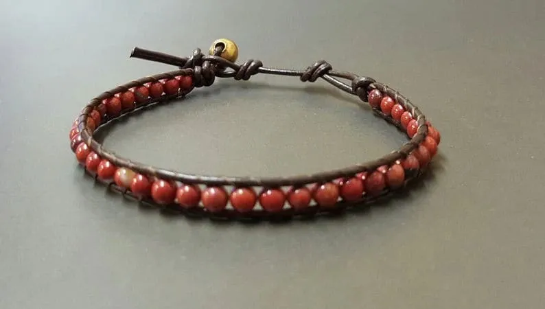 4 mm Red Jasper Leather Wrap Bracelet Anklet, Leather Bracelet, Beaded Bracelet, Women Anklet , Unisex Bracelet,Men Bracelet