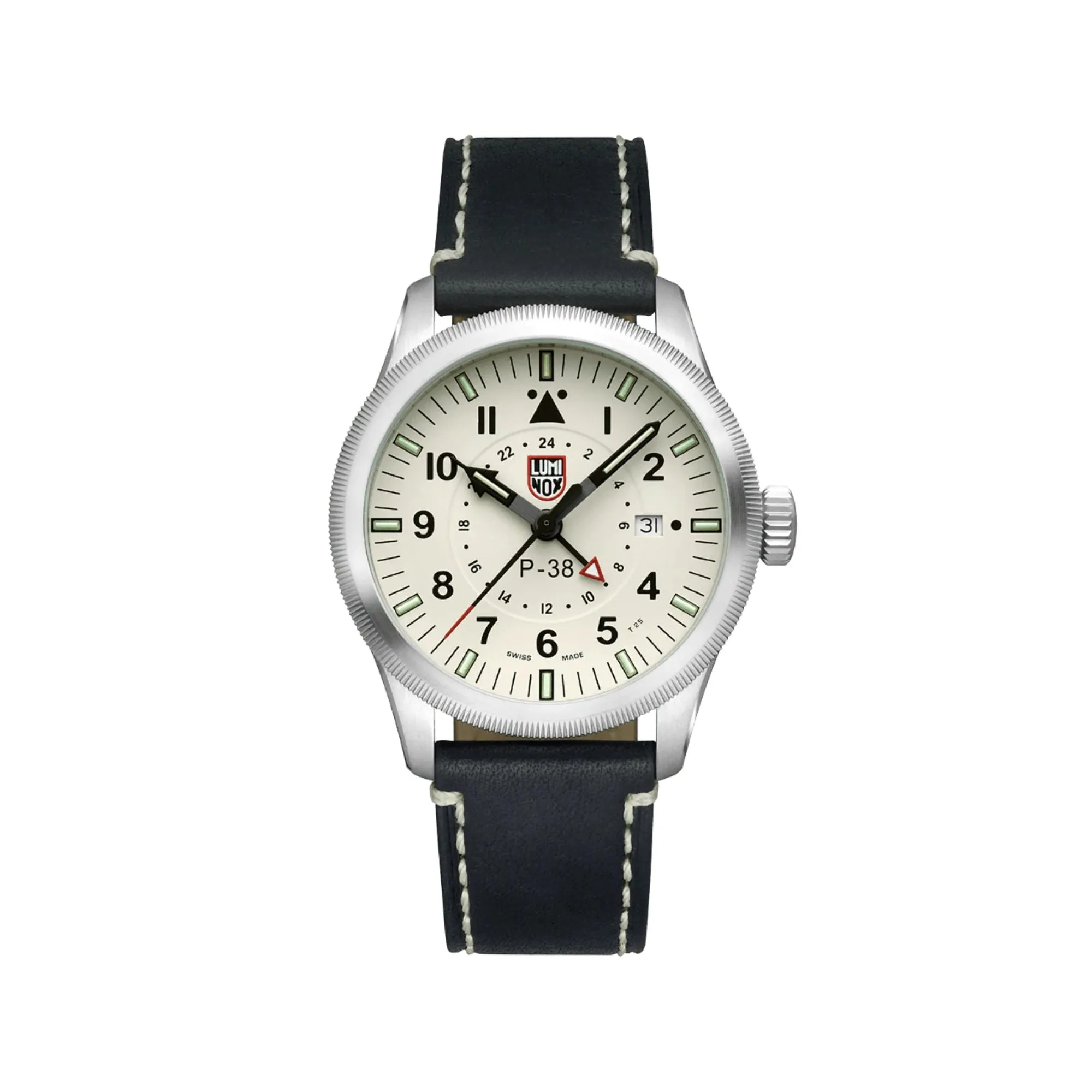 42MM LUMINOX P-38 LIGHTNING GMT QUARTZ PILOT WHITE BLACK AND RED DATE DIAL