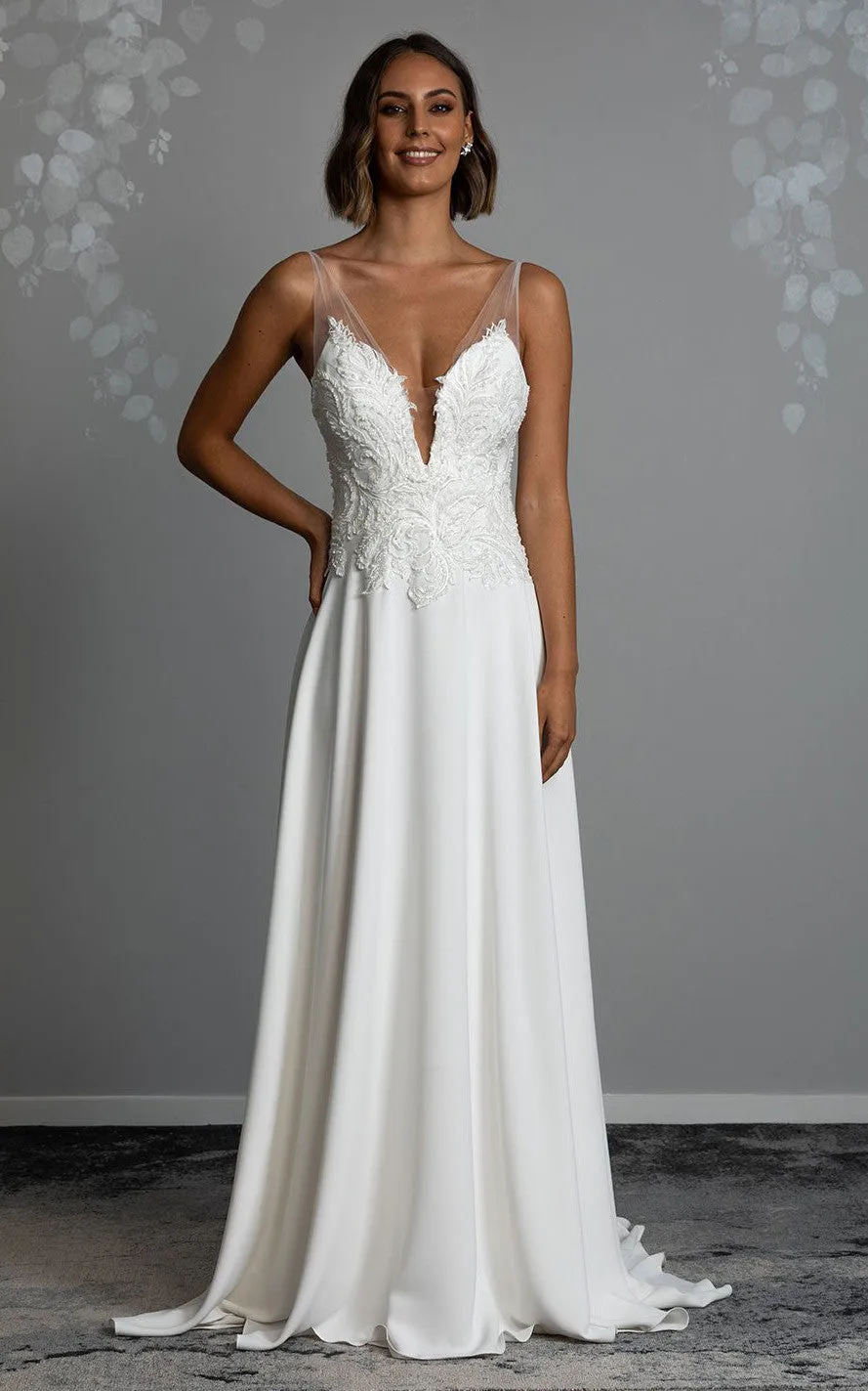 A-Line V-neck Spandex Casual Wedding Dress With Deep-V Back And Appliques-716712