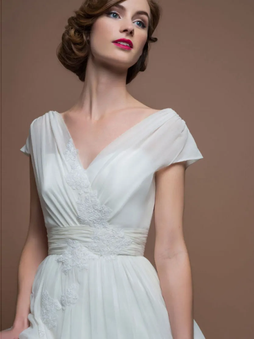 A-Line V-Neck Tea-Length Cap-Sleeve Appliqued Tulle Wedding Dress With Ruching-MK_705299