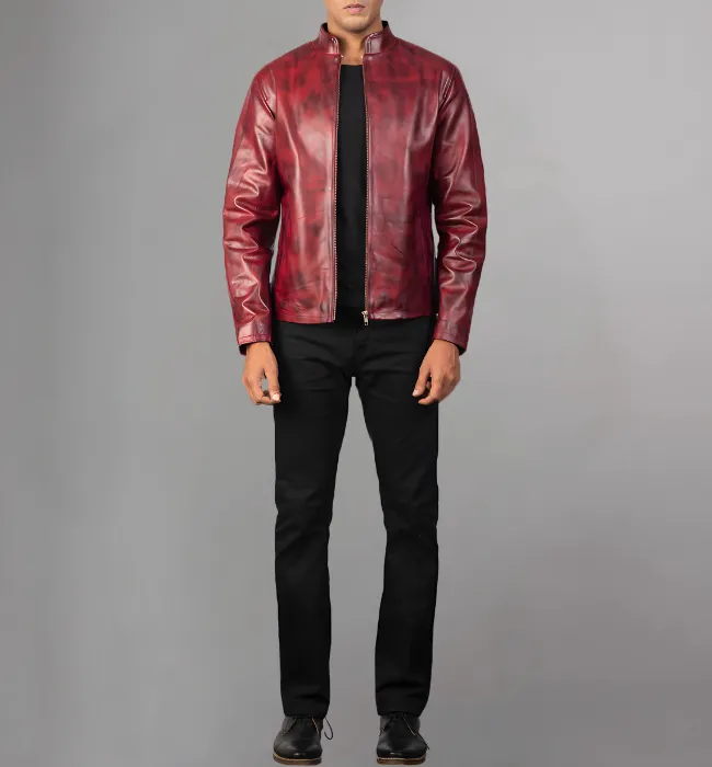 Alex Distressed Burgundy Leather Jacket