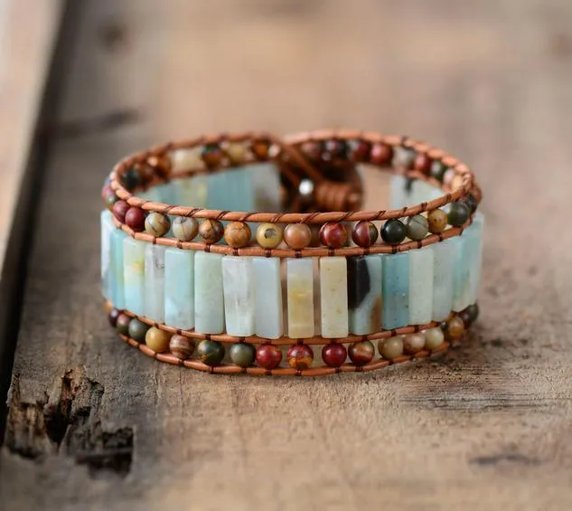 Aqua Jasper 3X Row Cuff Beaded Bracelet