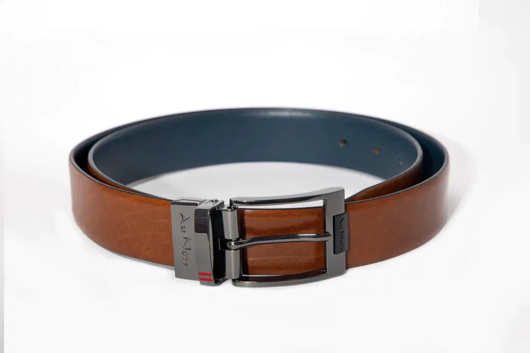 AU NOIR Reversible Belt | Desoto Gunmetal, Tan-Navy