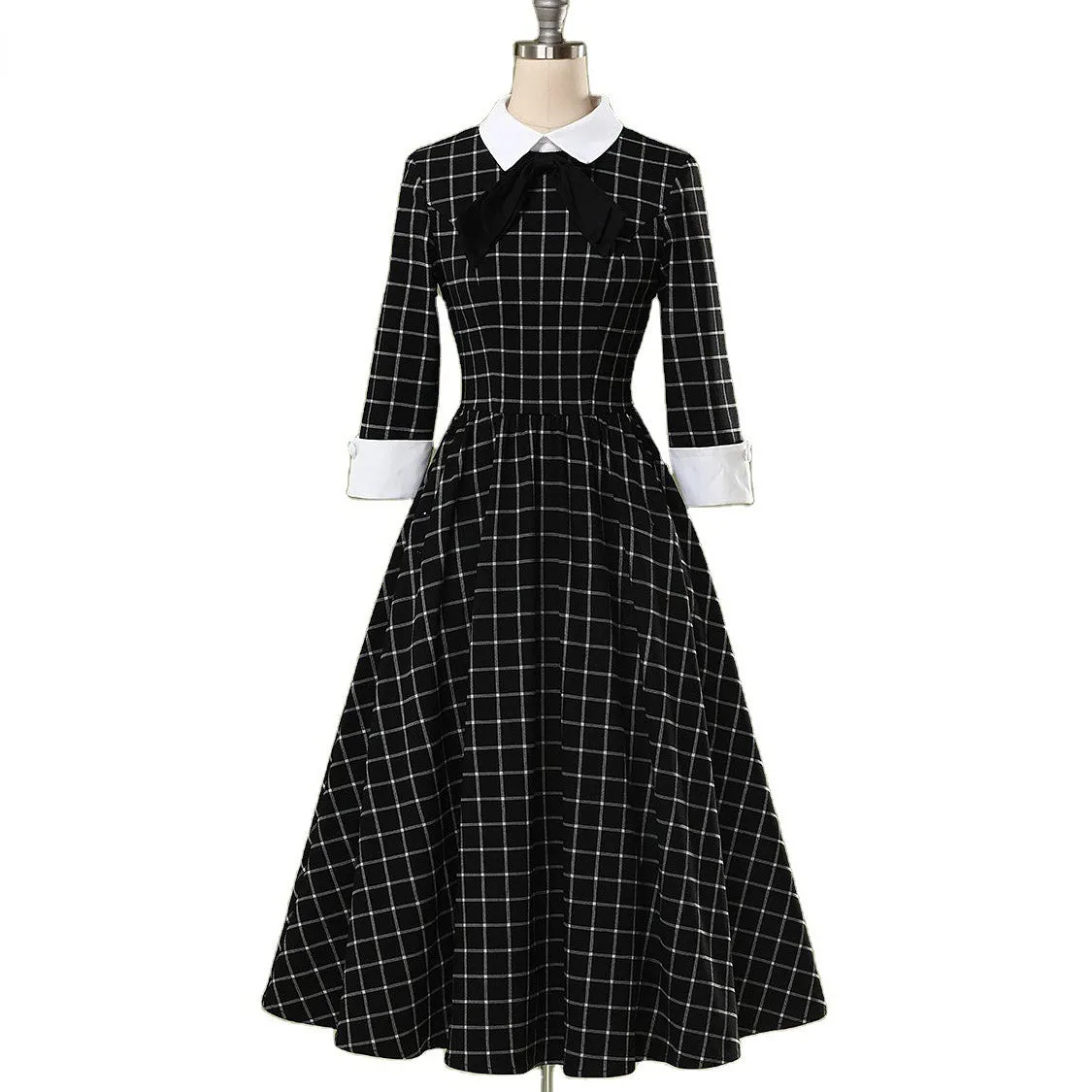 BerriesJam - 2024 Plaid Collar Bowknot A Line Rockabilly Swing Dress