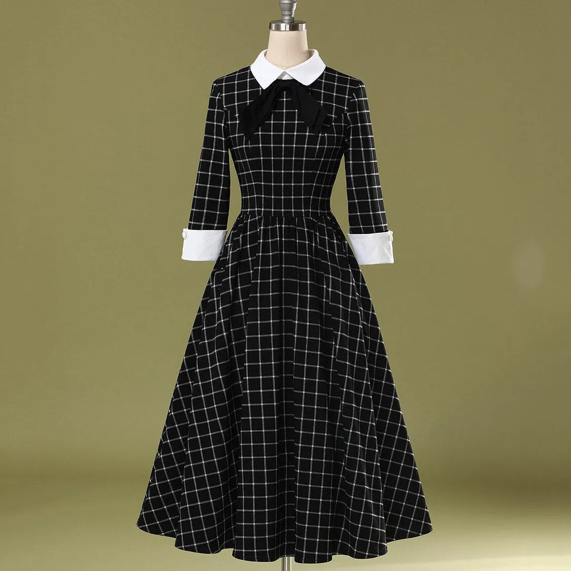 BerriesJam - 2024 Plaid Collar Bowknot A Line Rockabilly Swing Dress