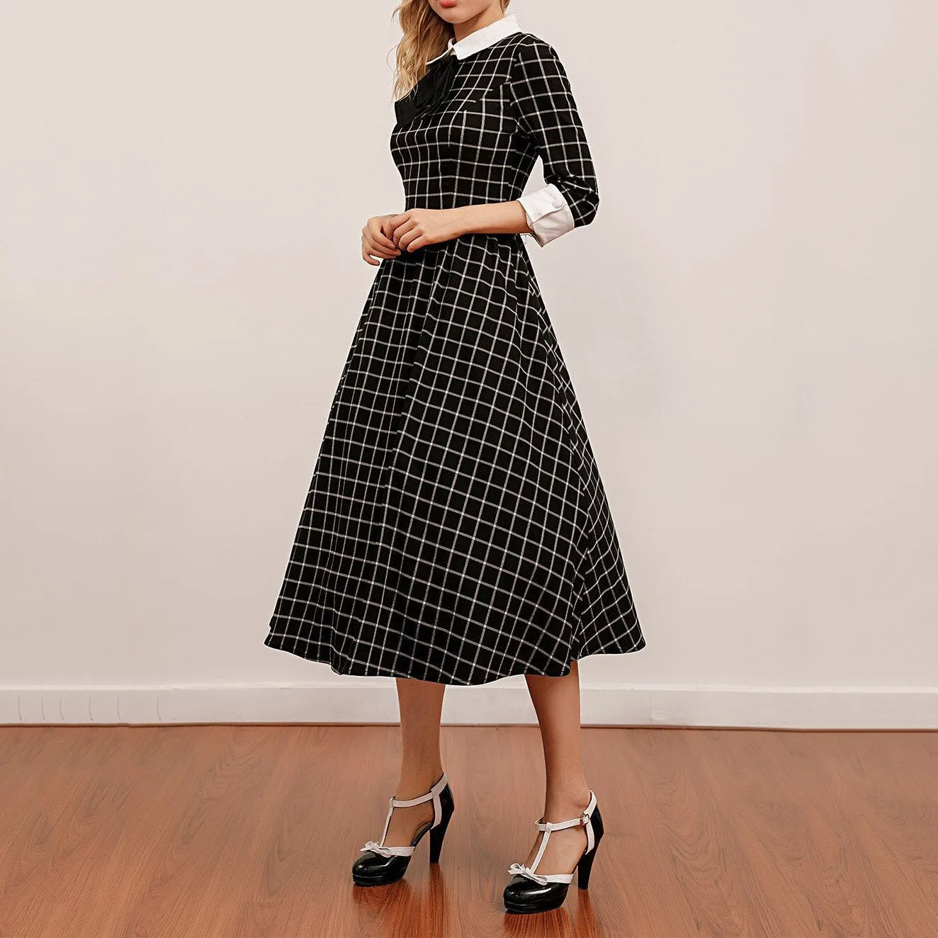 BerriesJam - 2024 Plaid Collar Bowknot A Line Rockabilly Swing Dress