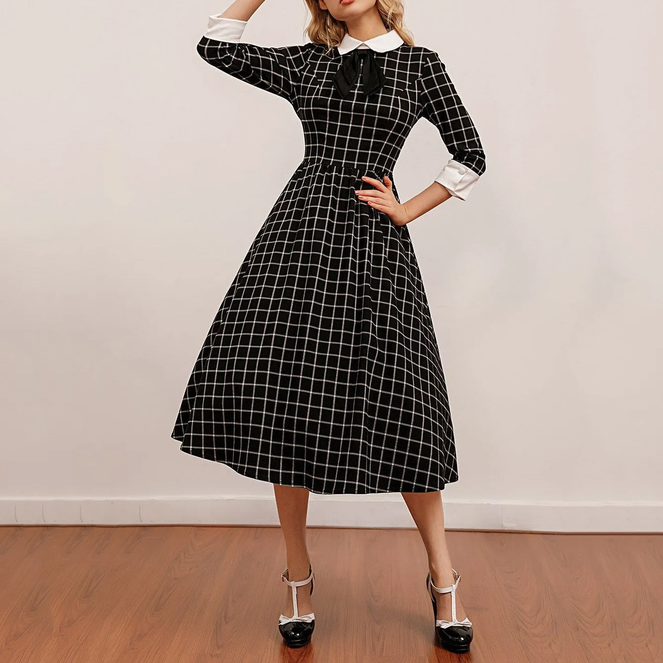 BerriesJam - 2024 Plaid Collar Bowknot A Line Rockabilly Swing Dress