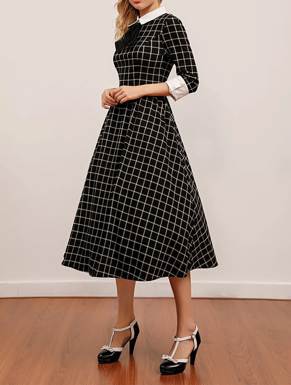 BerriesJam - 2024 Plaid Collar Bowknot A Line Rockabilly Swing Dress