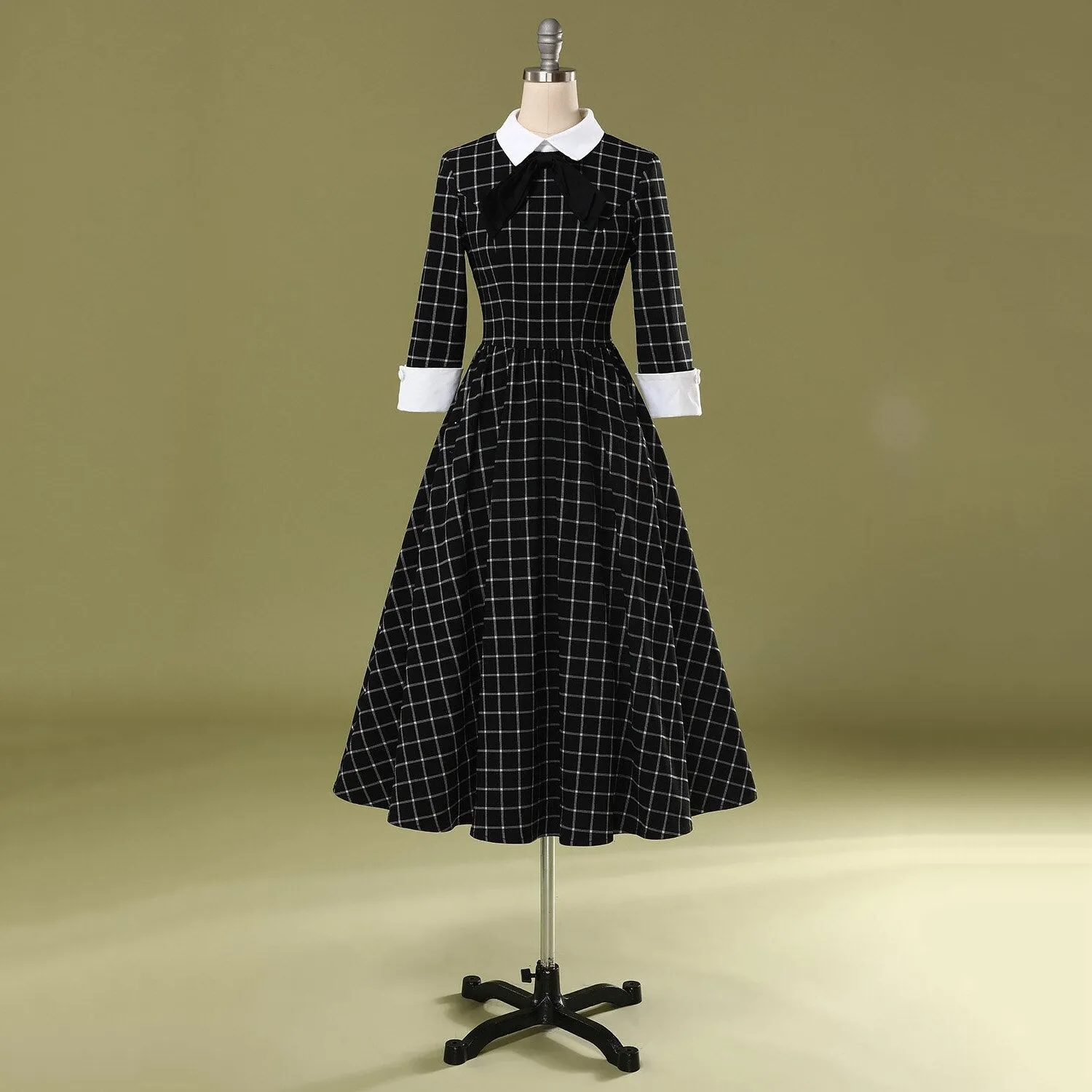 BerriesJam - 2024 Plaid Collar Bowknot A Line Rockabilly Swing Dress