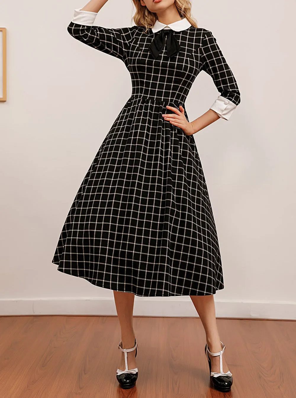 BerriesJam - 2024 Plaid Collar Bowknot A Line Rockabilly Swing Dress