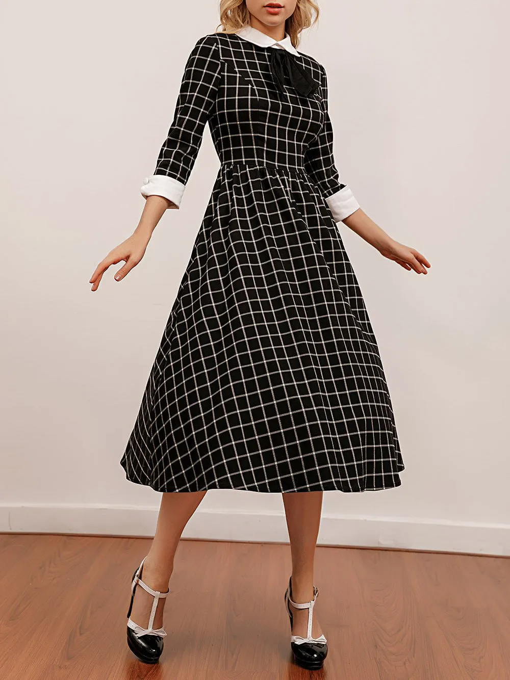 BerriesJam - 2024 Plaid Collar Bowknot A Line Rockabilly Swing Dress