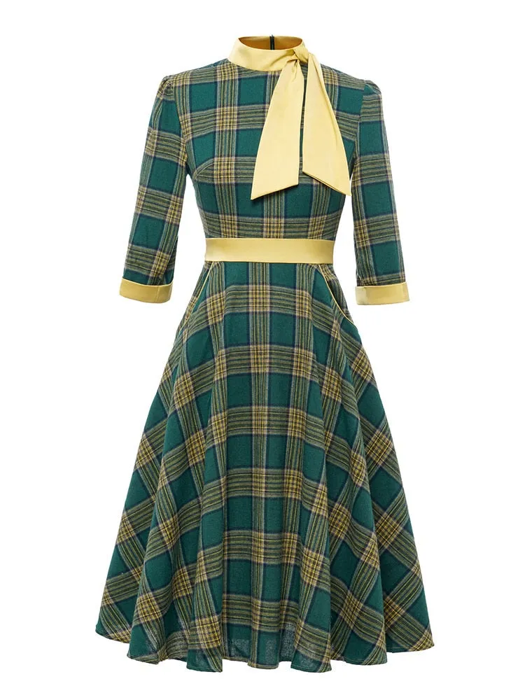 BerriesJam - 2024 Tonval Bow Neck Plaid 3/4 Length Sleeve Midi Dress