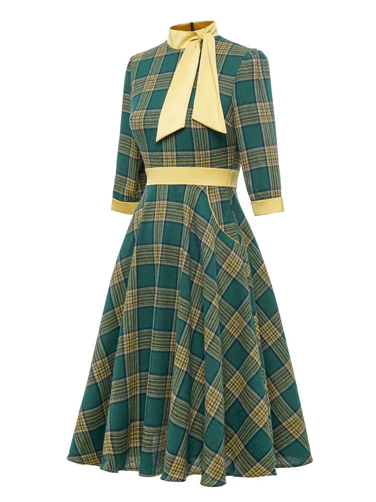 BerriesJam - 2024 Tonval Bow Neck Plaid 3/4 Length Sleeve Midi Dress