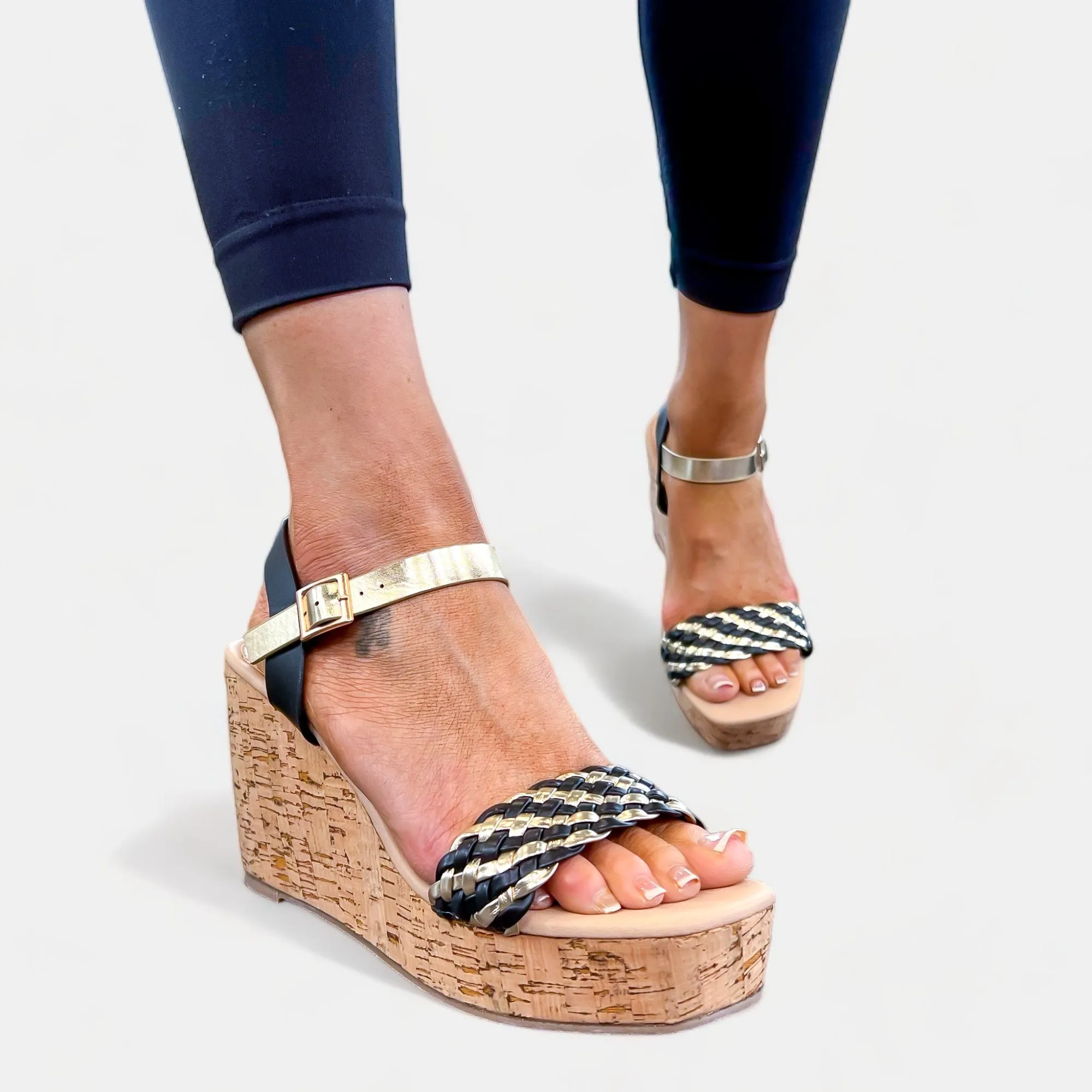 Black & Gold Braided Cork Wedge Sandals