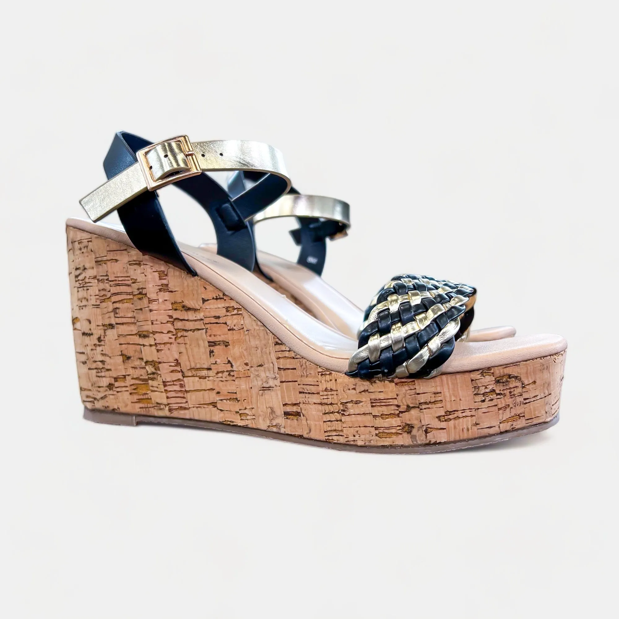 Black & Gold Braided Cork Wedge Sandals