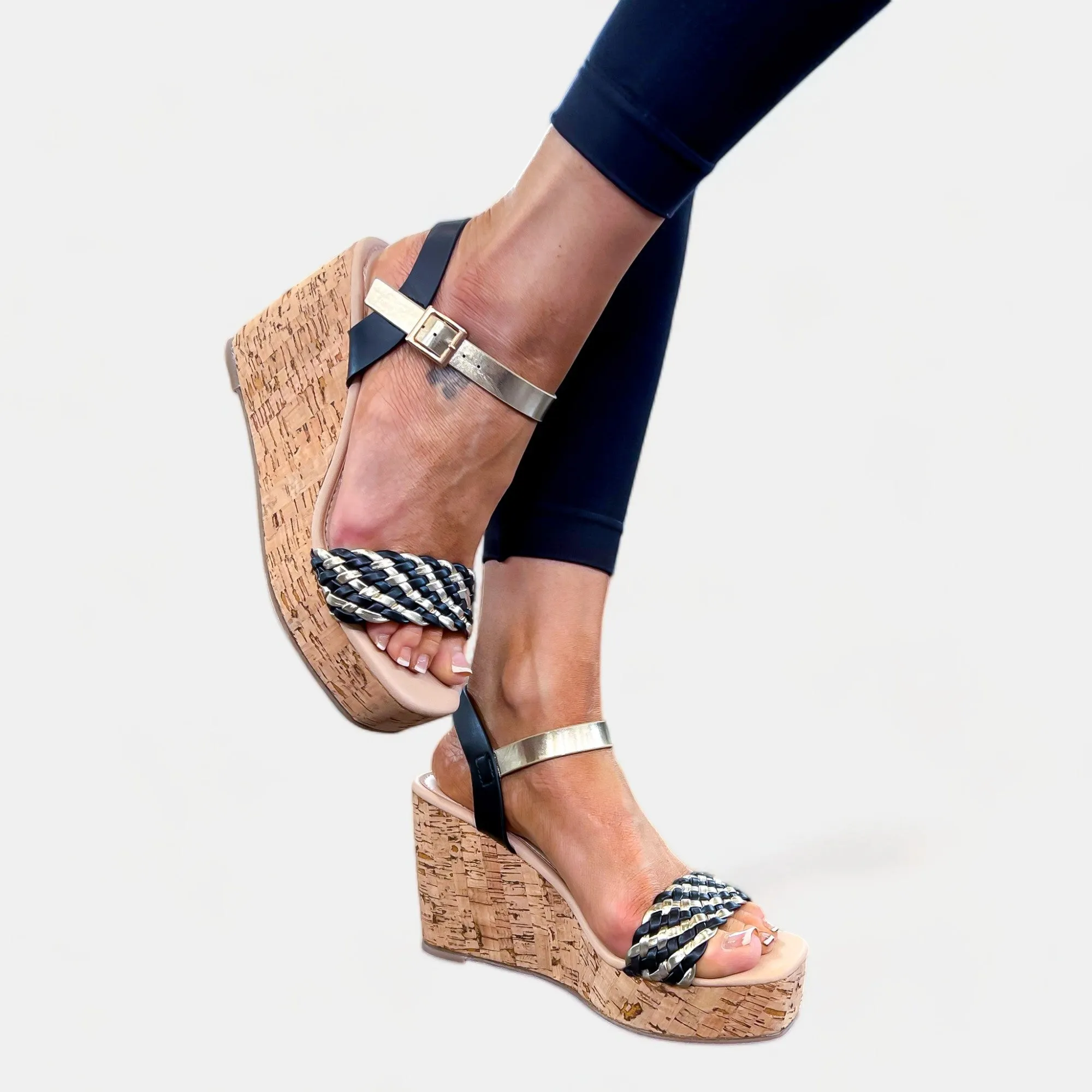 Black & Gold Braided Cork Wedge Sandals