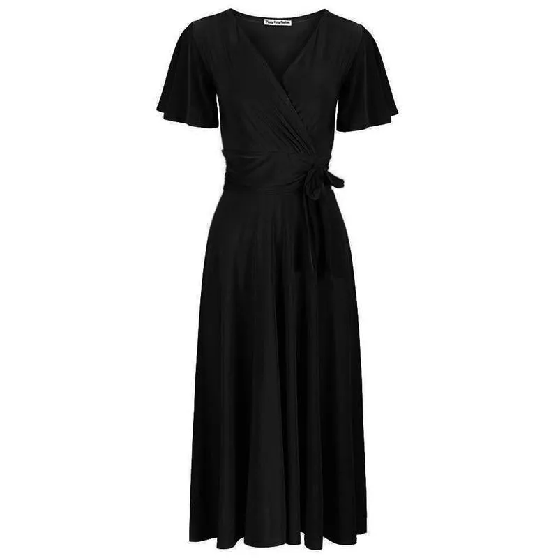 Black Cap Sleeve Crossover V Neck Wrap Top Swing Dress