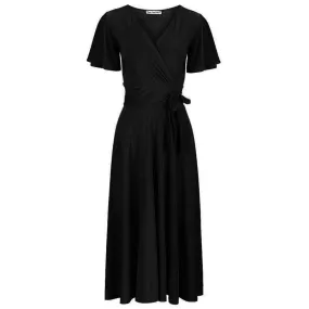 Black Cap Sleeve Crossover V Neck Wrap Top Swing Dress