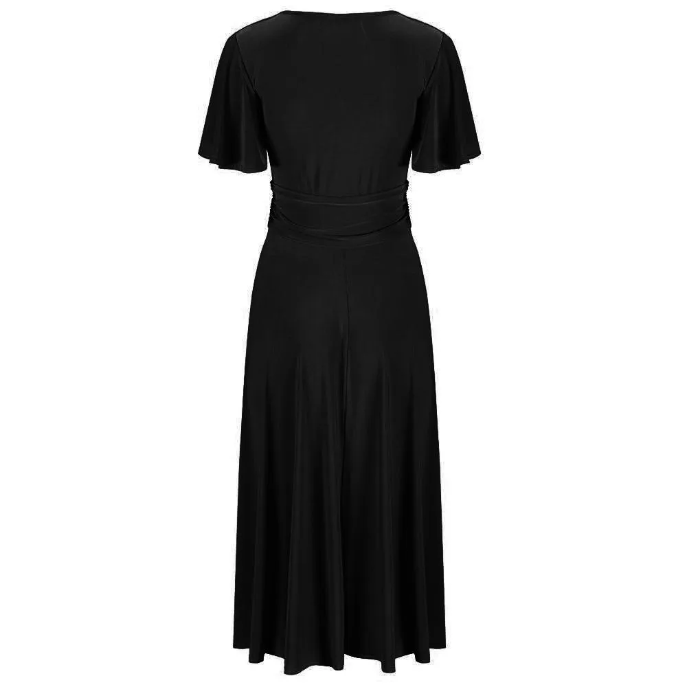 Black Cap Sleeve Crossover V Neck Wrap Top Swing Dress