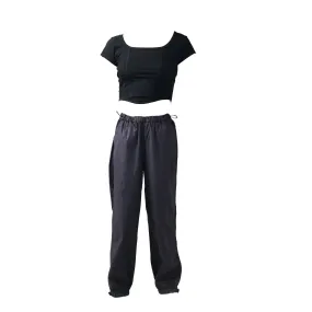 Black Corset Crop Top & Gunmetal Parachute Pants