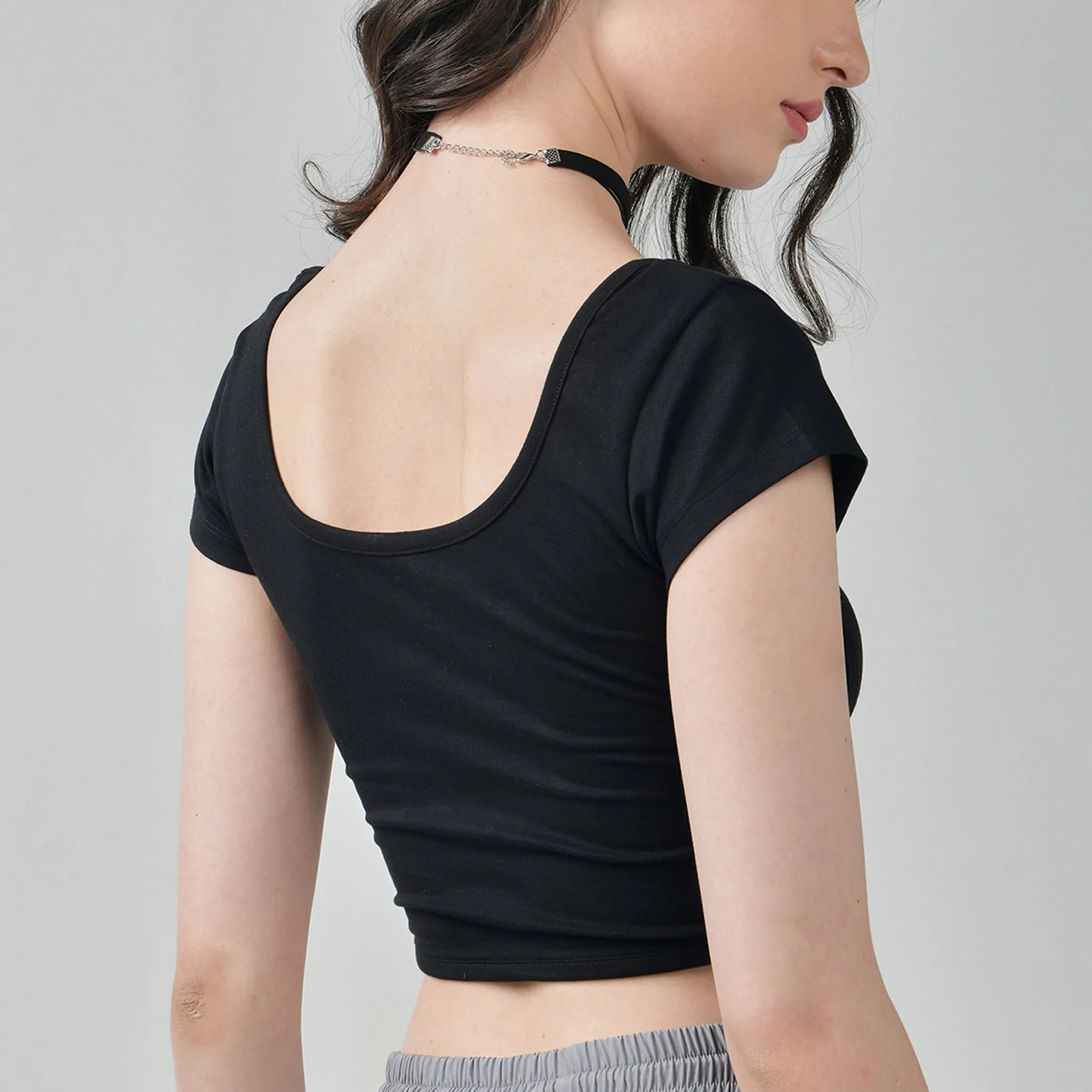 Black Corset Crop Top & Gunmetal Parachute Pants