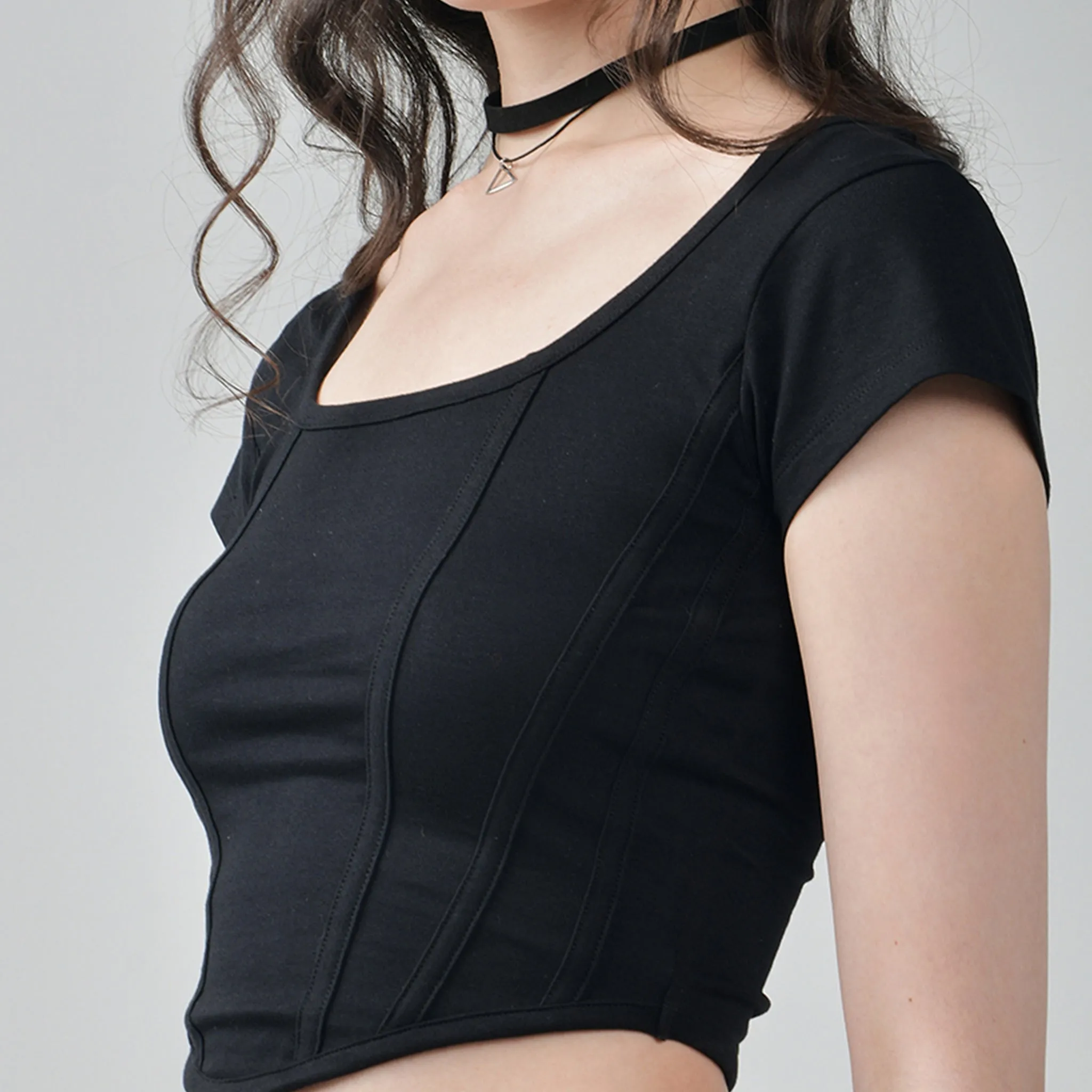 Black Corset Crop Top & Gunmetal Parachute Pants