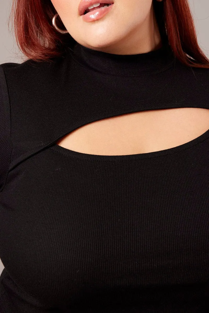 Black Cut Out Top Long Sleeve High Neck