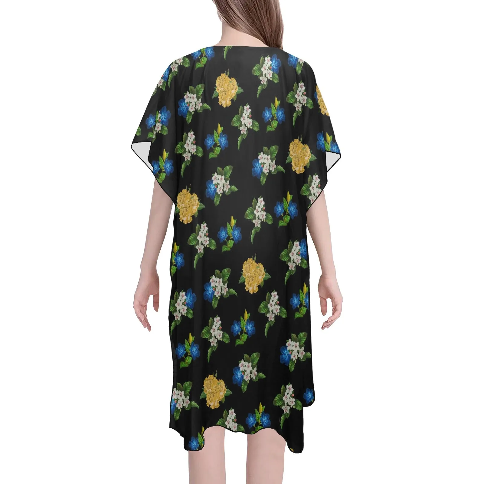 black floral blue gold white print 2 Mid-Length Side Slits Chiffon Cover Up (Model H50)