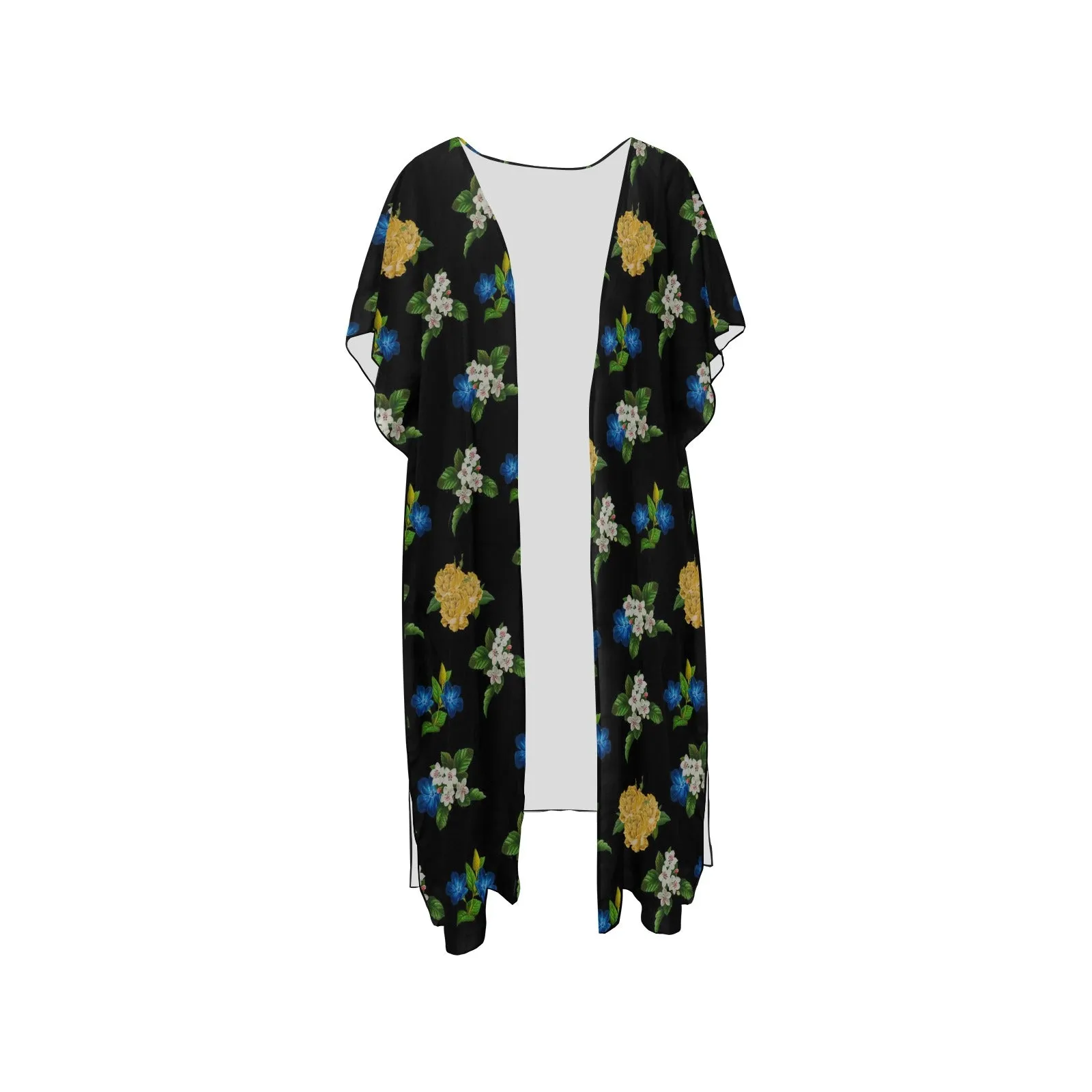 black floral blue gold white print 2 Mid-Length Side Slits Chiffon Cover Up (Model H50)