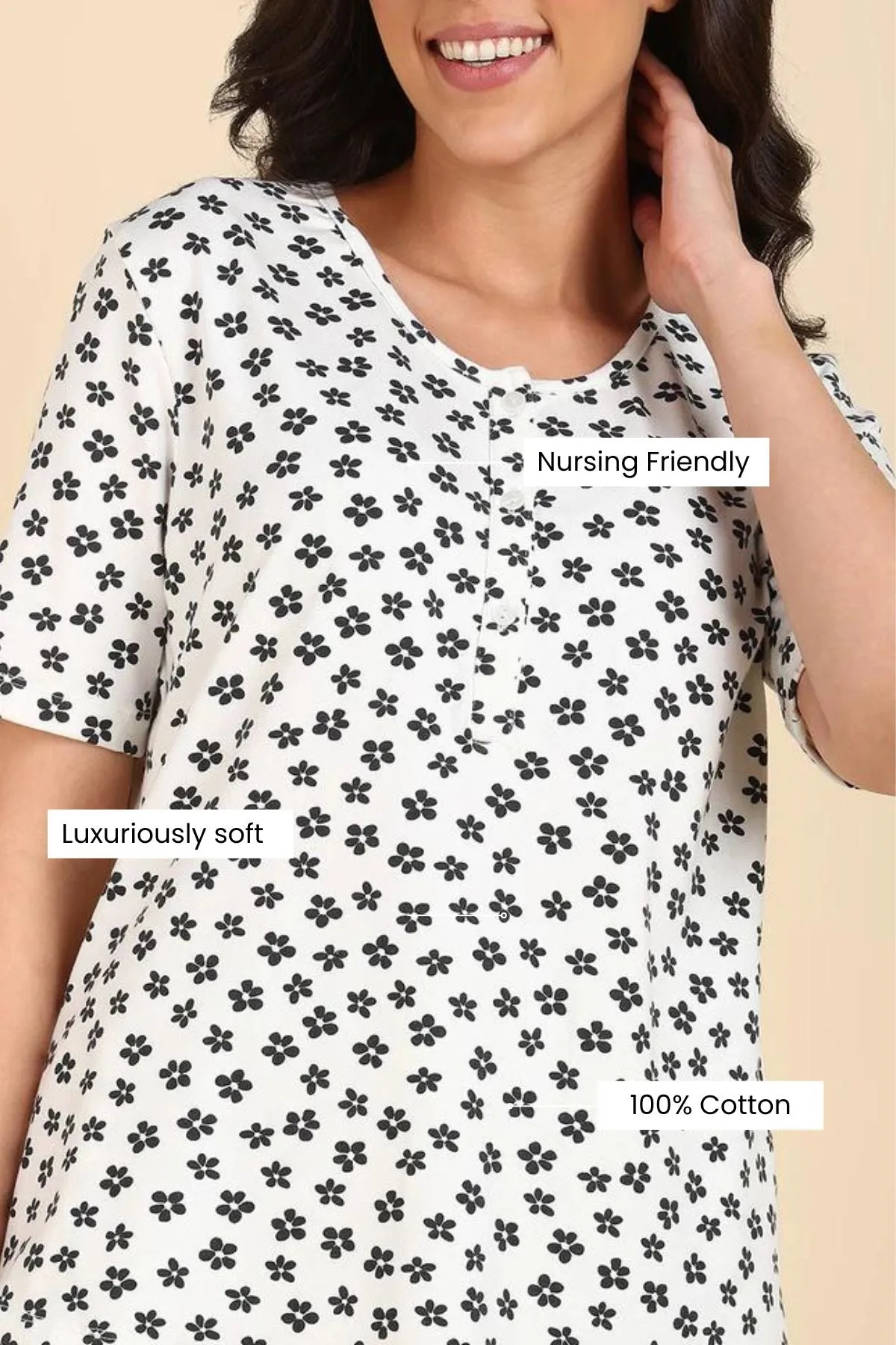 Black Floral Print 100% Soft Cotton Zipless Maternity Feeding Top