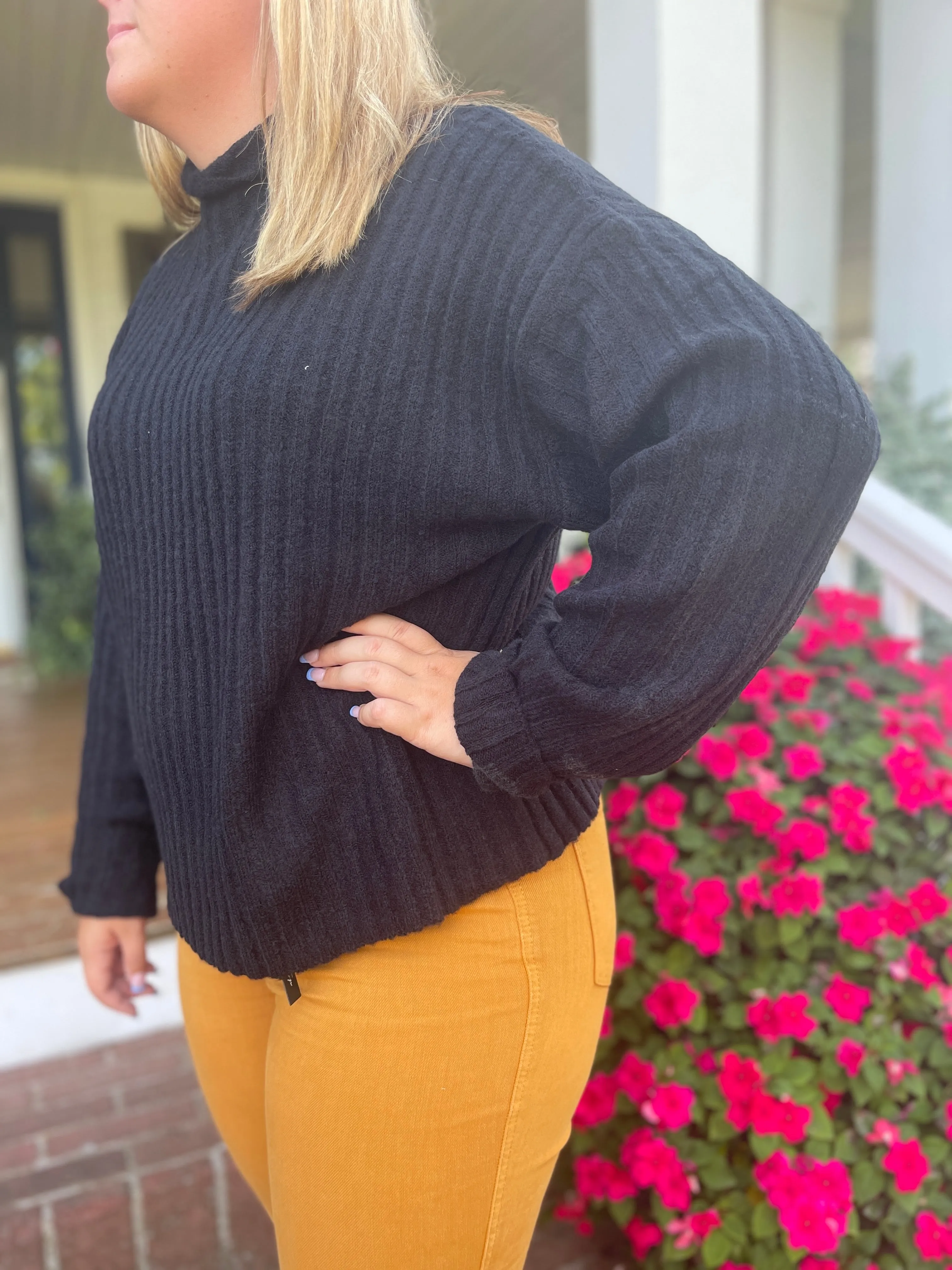 BLACK RIBBED MOCK NECK SWEATER