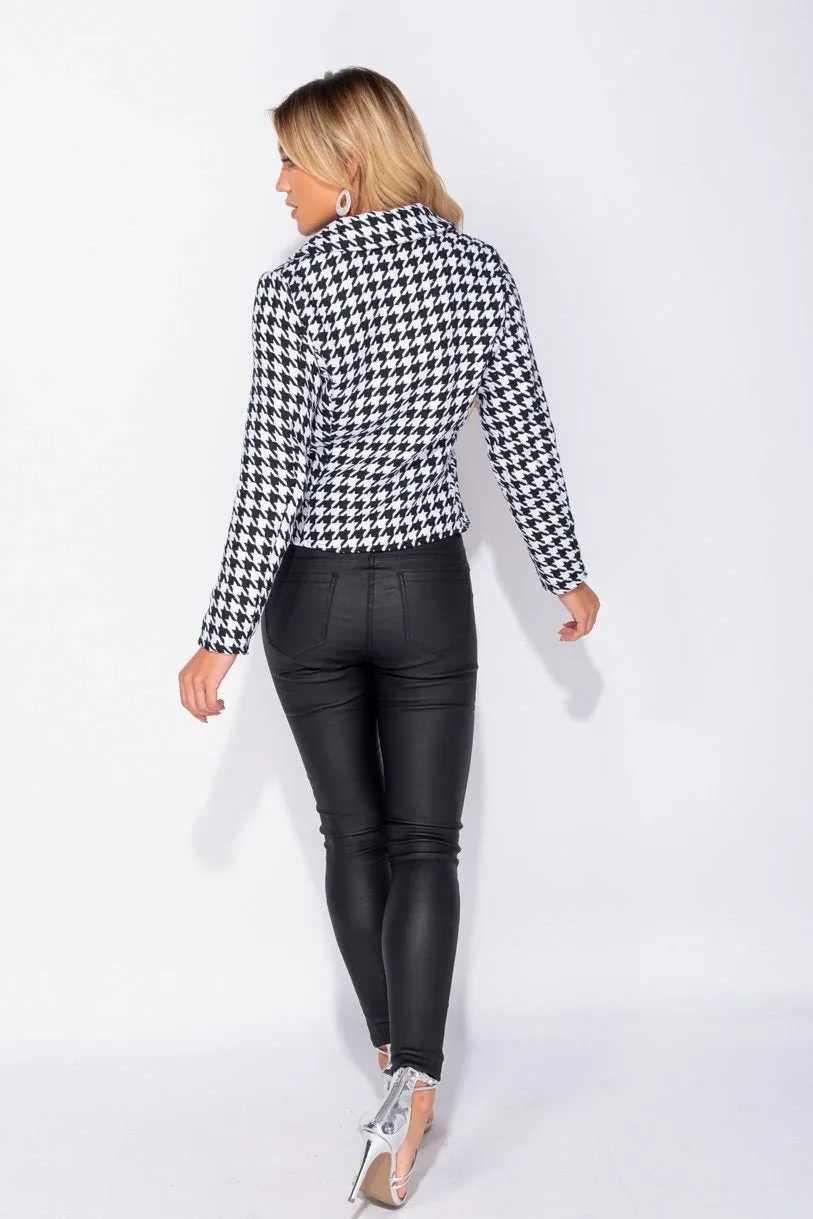 Black White Houndstooth Check Dome Button Double Breasted Blazer