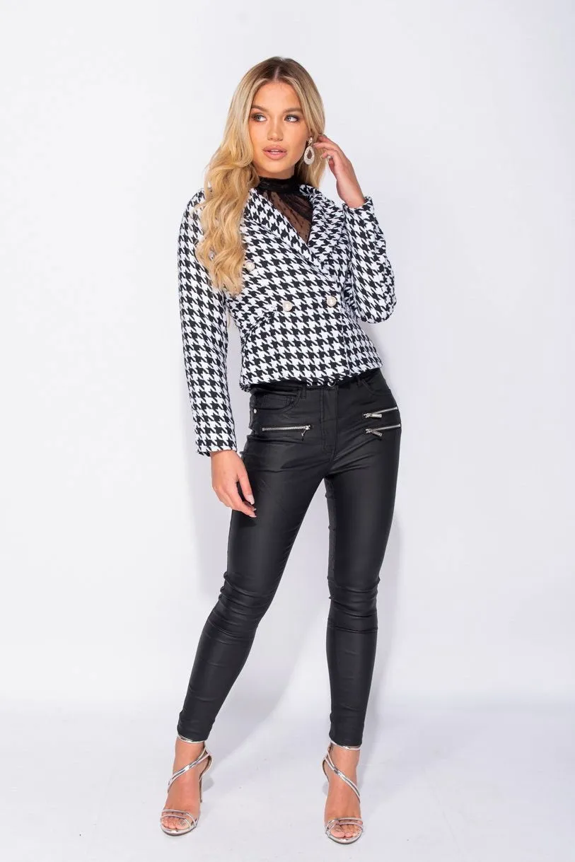 Black White Houndstooth Check Dome Button Double Breasted Blazer