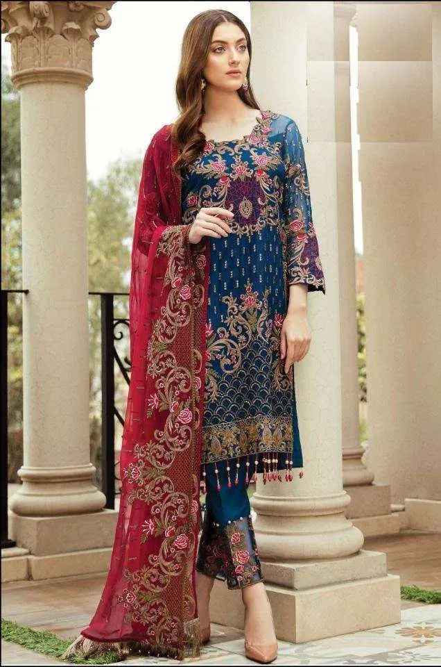 Blue Designer Pakistani Dresses Online Rose Afrozeh