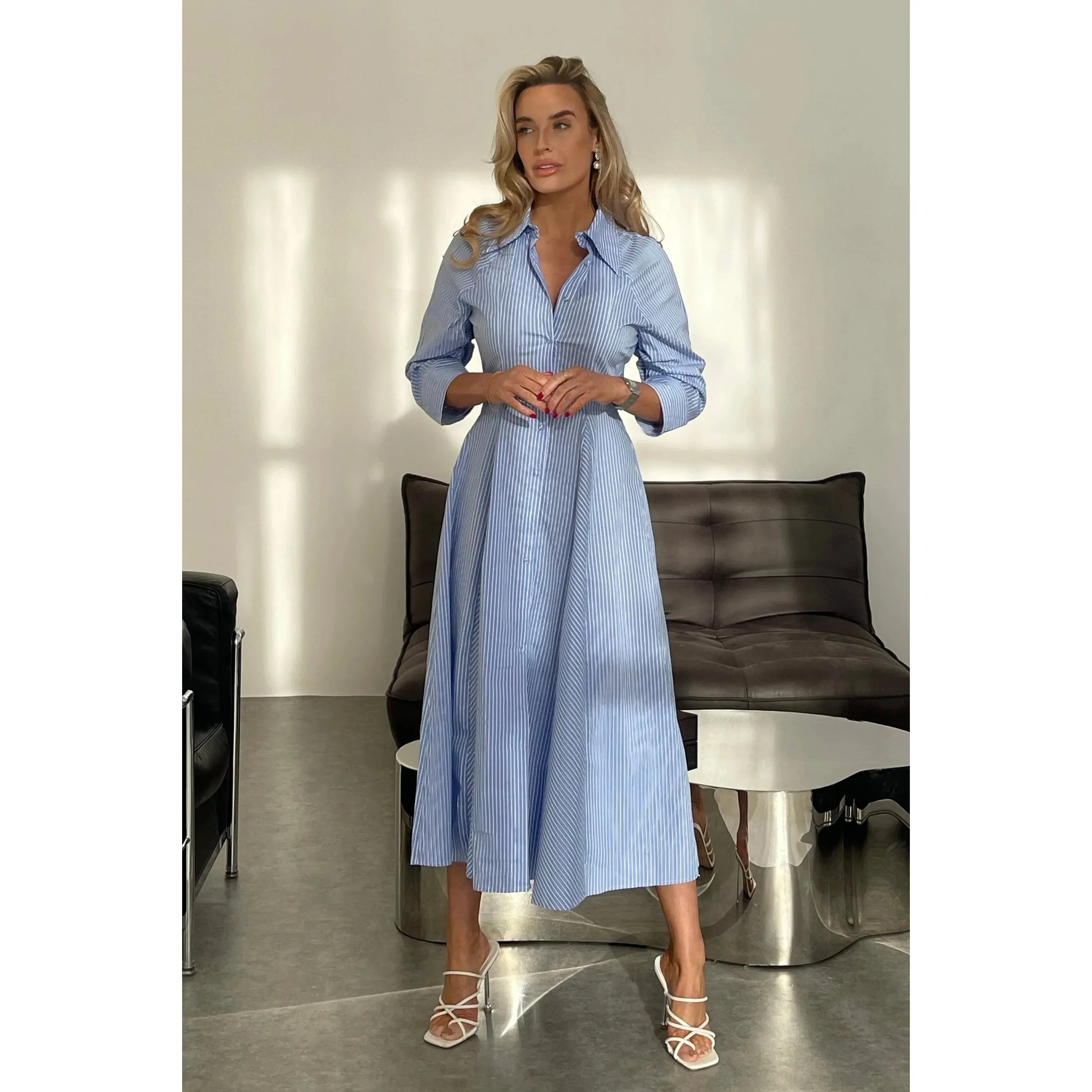 Blue Pinstripe Button Down Midi Shirt Dress