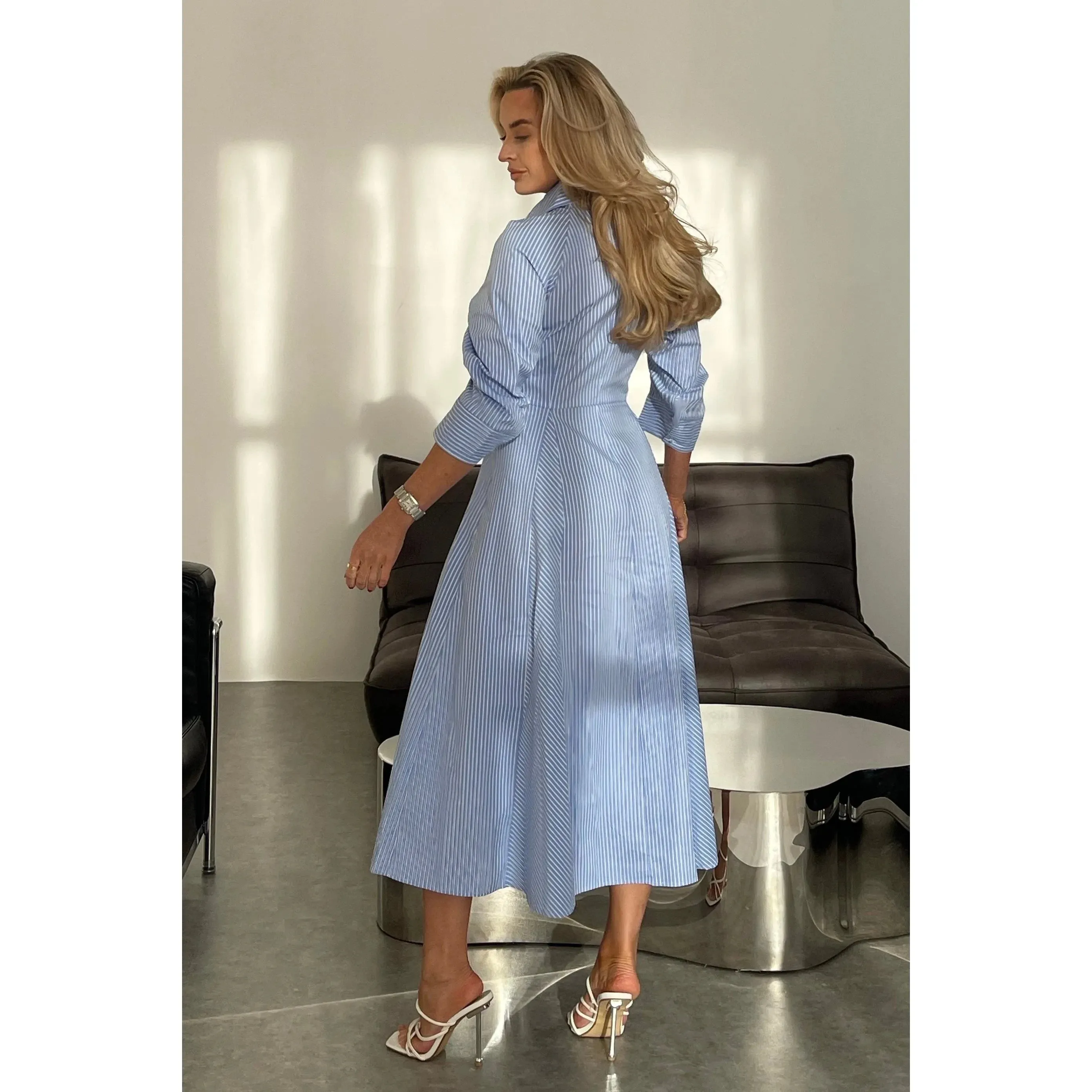 Blue Pinstripe Button Down Midi Shirt Dress