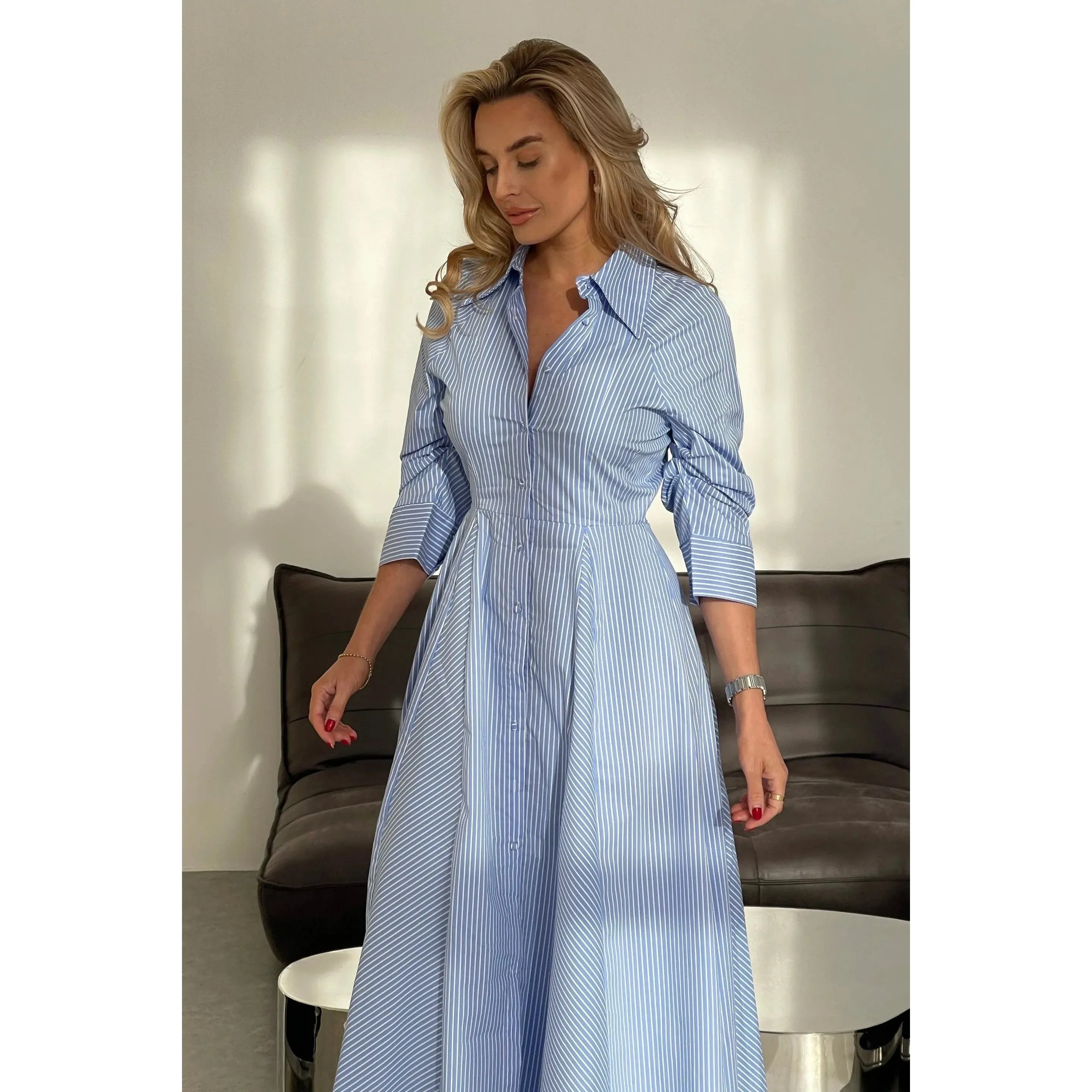 Blue Pinstripe Button Down Midi Shirt Dress