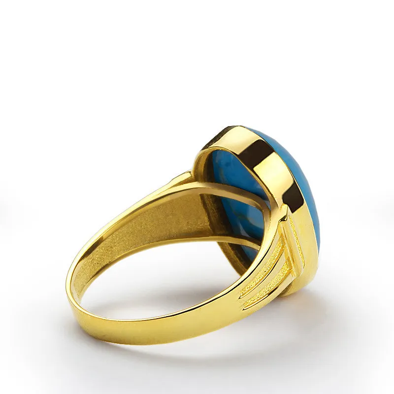 Blue Turquoise Men's Ring in 10k Yellow Gold, Natural Stone Ring for Men