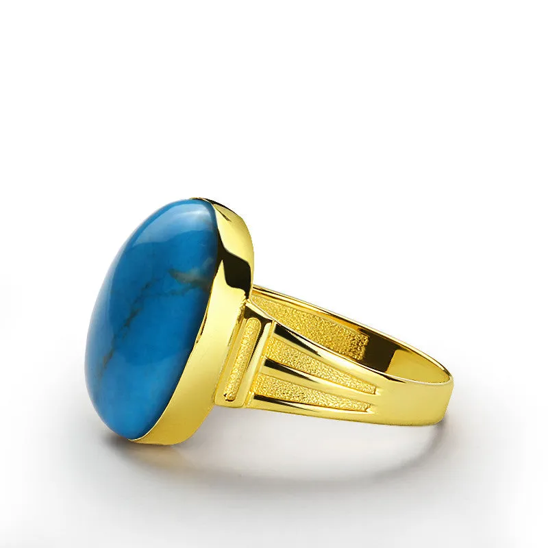 Blue Turquoise Men's Ring in 10k Yellow Gold, Natural Stone Ring for Men