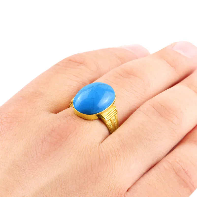 Blue Turquoise Men's Ring in 10k Yellow Gold, Natural Stone Ring for Men