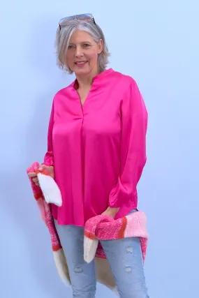 Bluse aus Glanzstoff mit V-Ausschnitt, pink