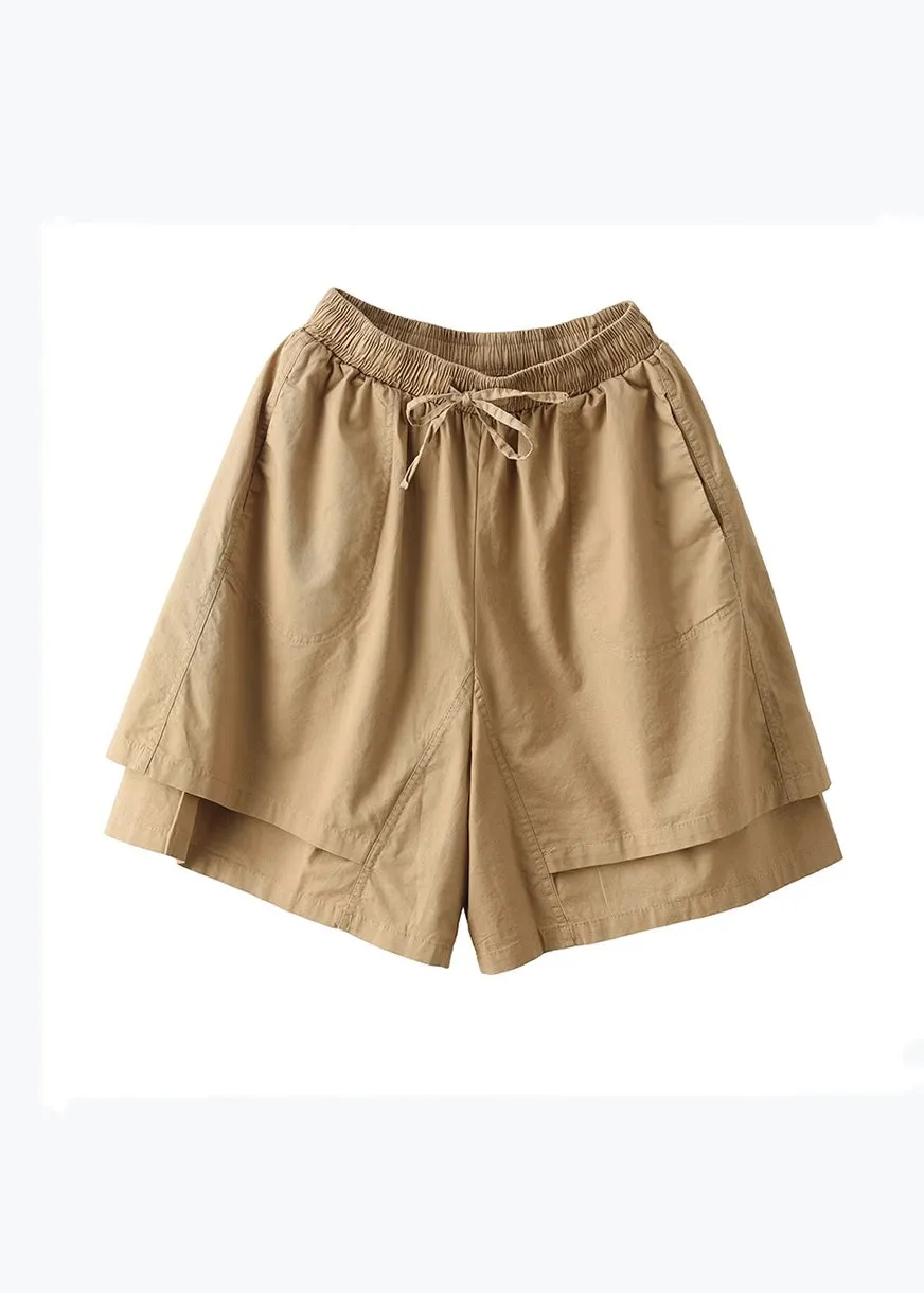 Boho Khaki Pockets Patchwork Elastic Waist Cotton Shorts Summer QQ1027