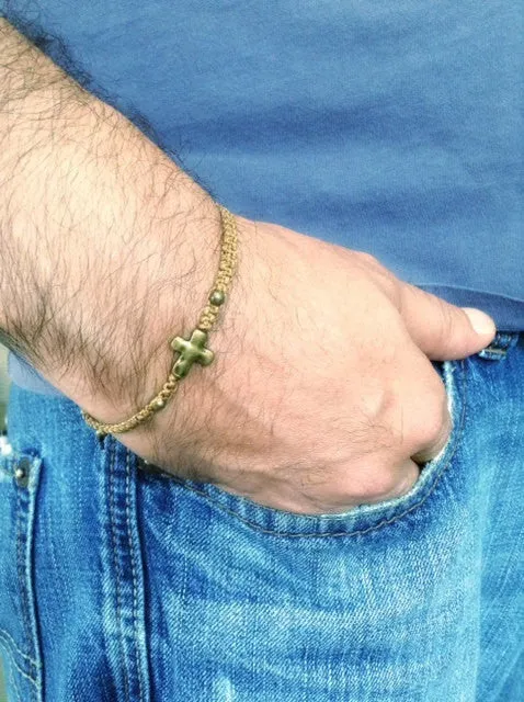 Brass Cross bracelet Men - Friendship Bracelet - summer beach knotted bracelet