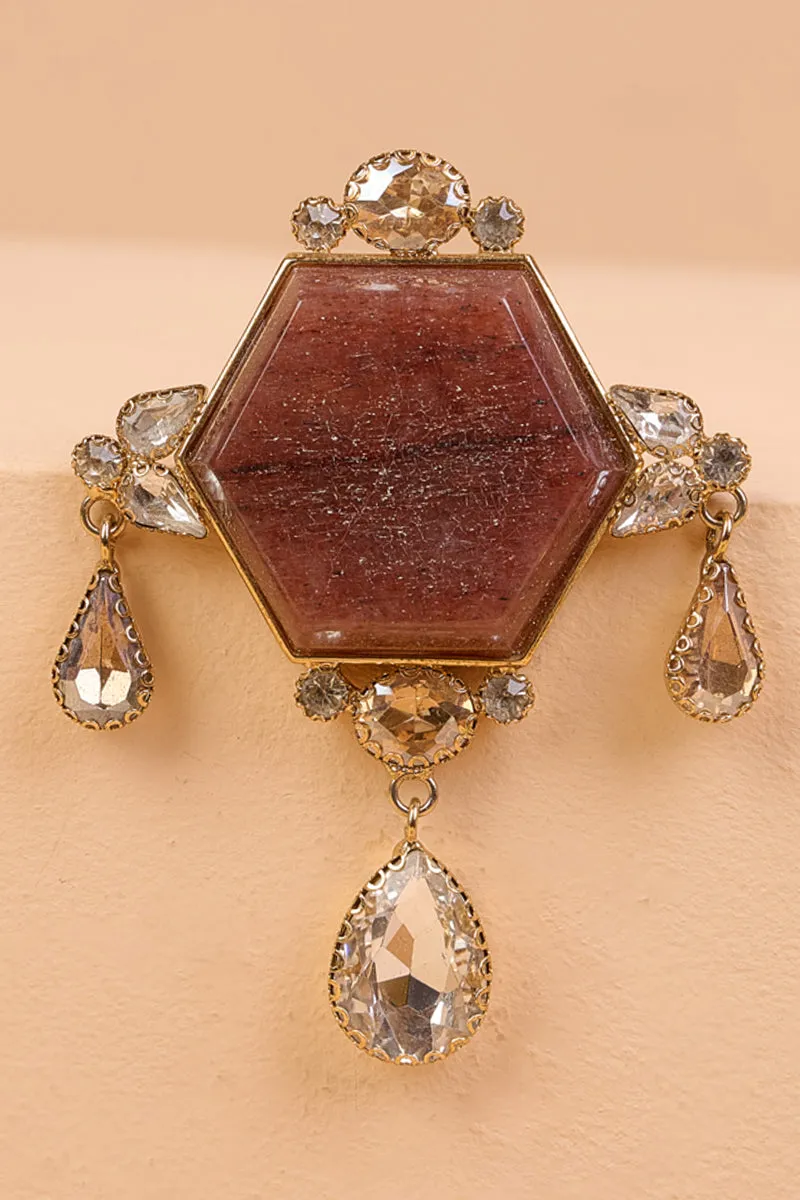 Brown Resin Stone Brooch With Drop Crystals