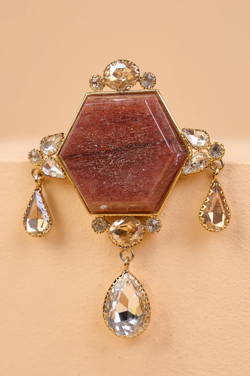 Brown Resin Stone Brooch With Drop Crystals