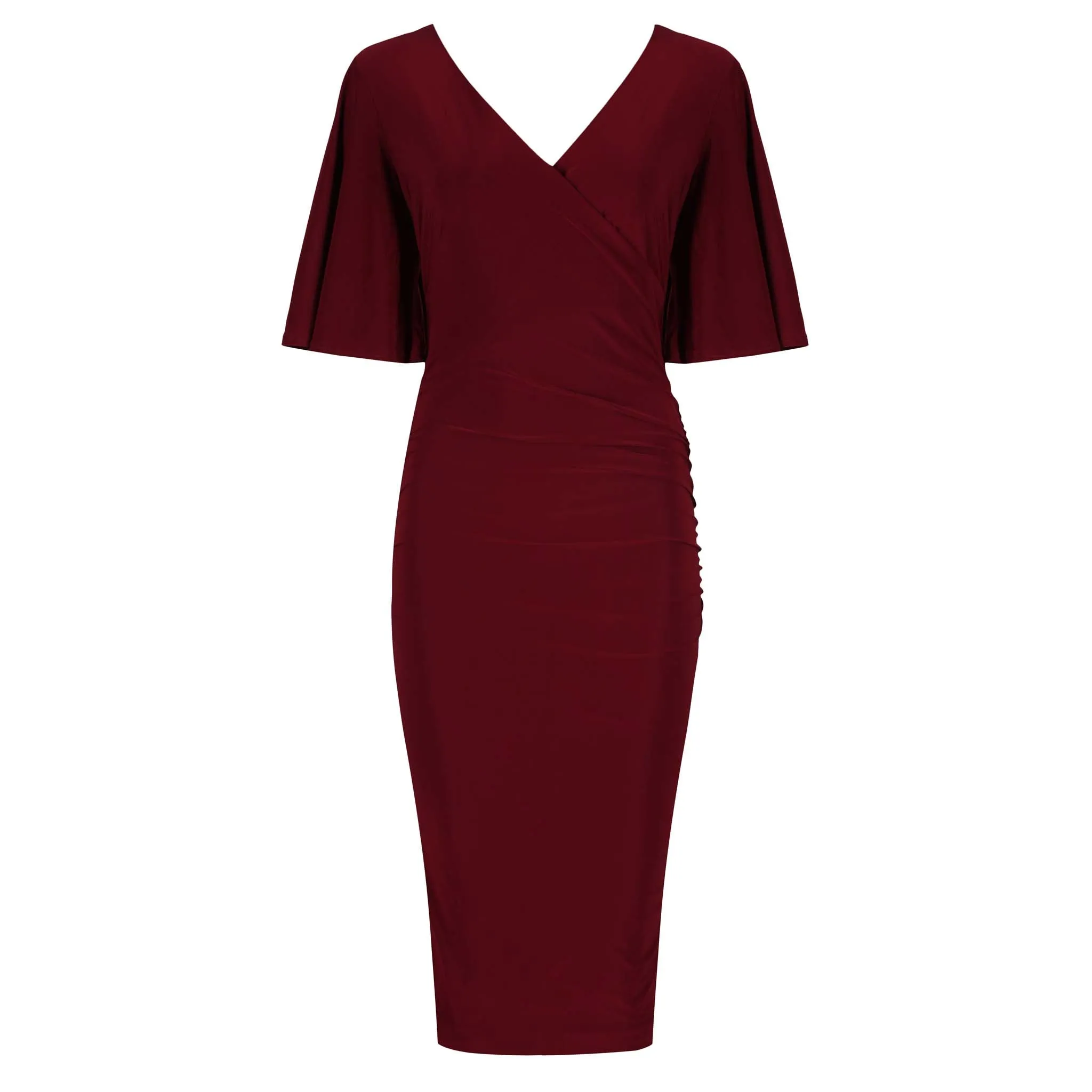 Burgundy Wine Red Butterfly Sleeve Slinky Pencil Cocktail Dress